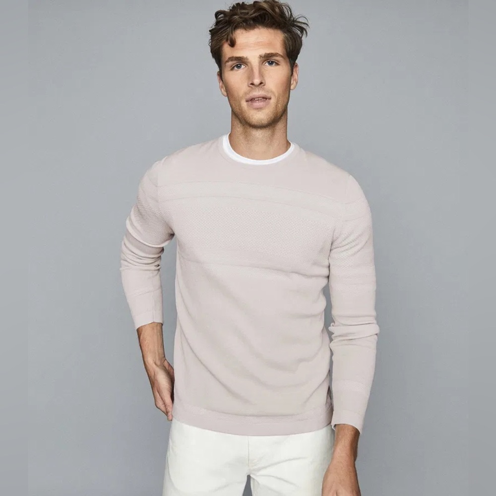 Reiss Birch Cotton Blend Crew Neck Jumper Sweater Size Large‎ Light Gray Beige
